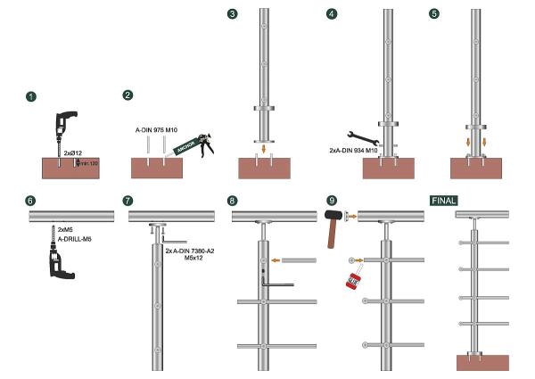 Edelstahl Geländerpfosten eckig 40x40 Bauhöhe 1000mm mit 5x Querstabhalter Ø12,0 Geländer V2A geschliffen K320